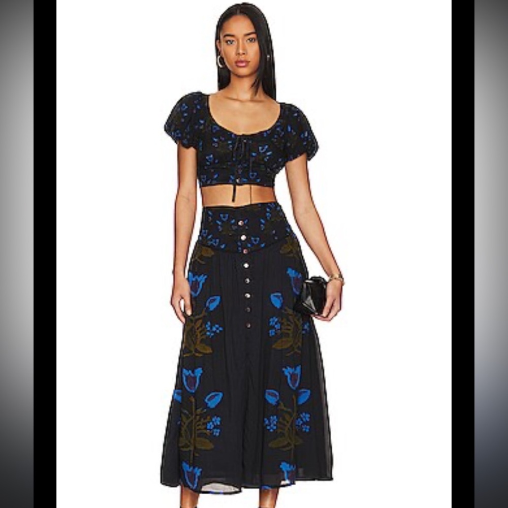 Free People Black Maxi Skirt with Blue & Olive Floral Print
